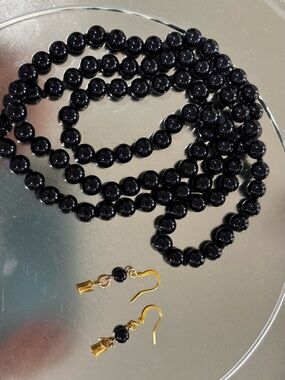 Black Glass Knotted Beaded Necklace and Earrings Set